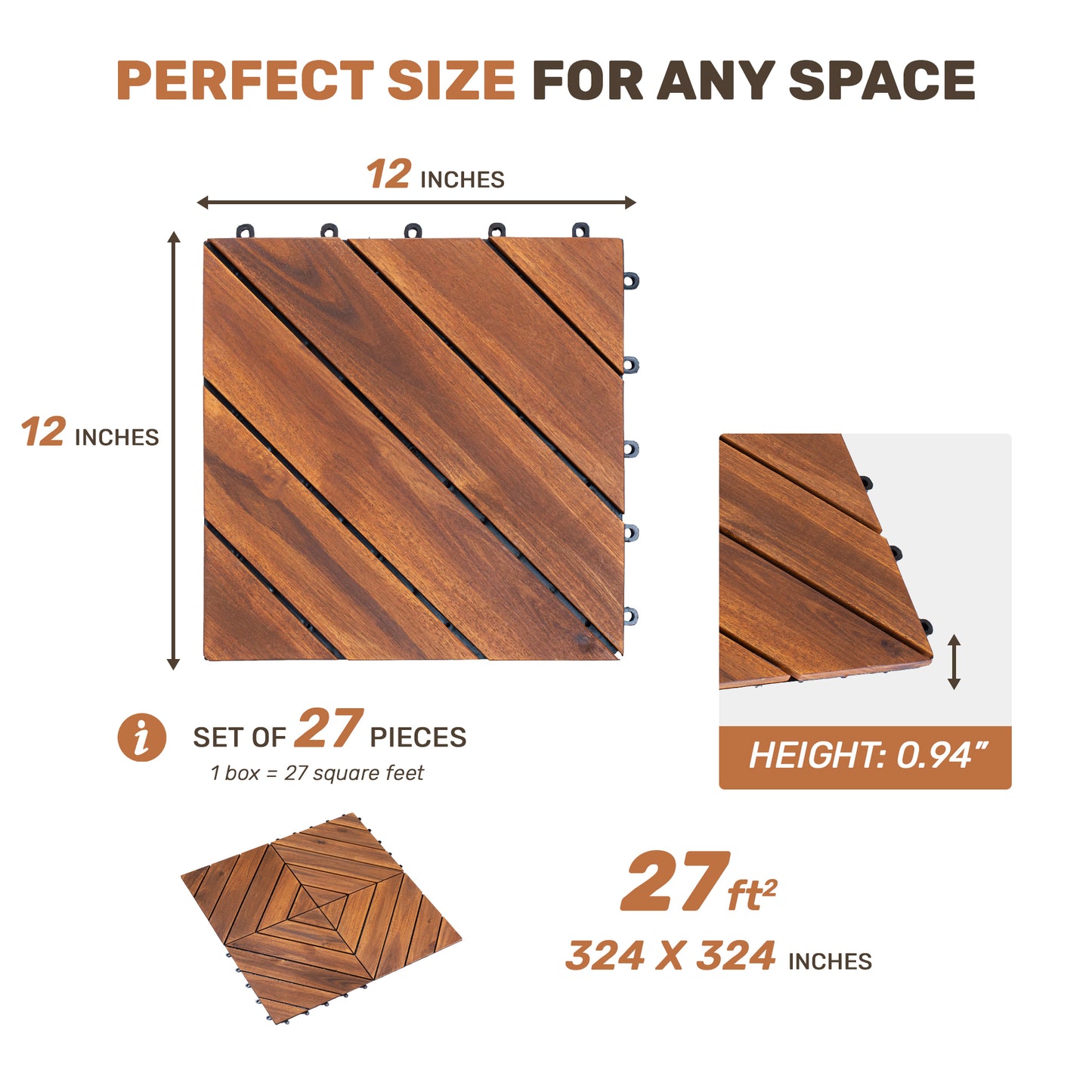 27 PCS Acacia Wood Interlocking Deck Tiles - 12" x 12" Brown