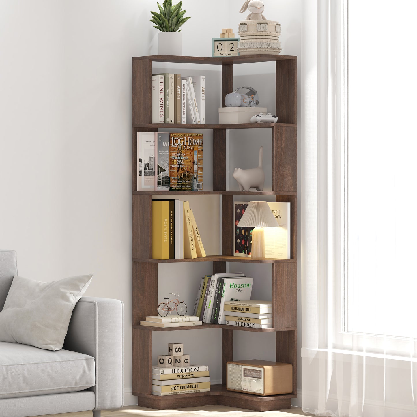 6 Tier Freestanding L-Shaped Corner Bookshelf For Living Room,