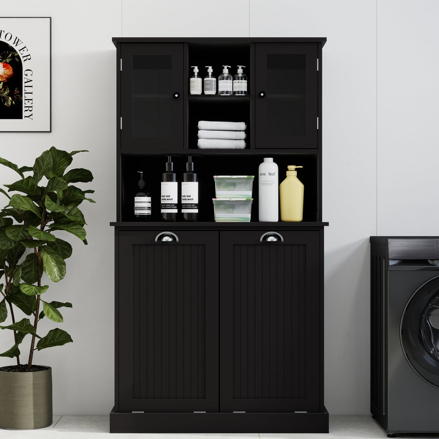 Tall Bathroom Cabinet with Tilt-Out Laundry Basket & 2 Shelves - Black