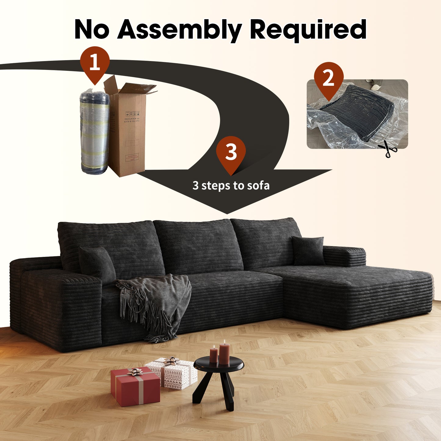 107" Cloud Sectional Couch with L-Shape Chaise - Black Plush Fabric