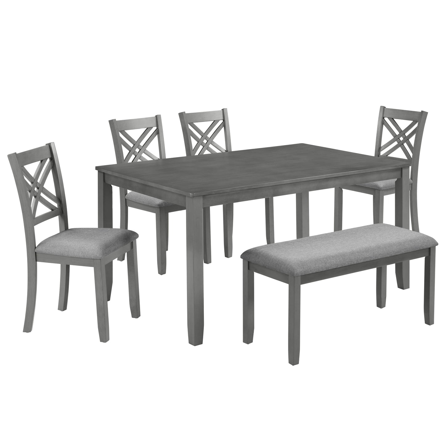 Rectangular Dining Table Set for 6 - Wooden Table with Upholstered Chairs & Bench - Grey