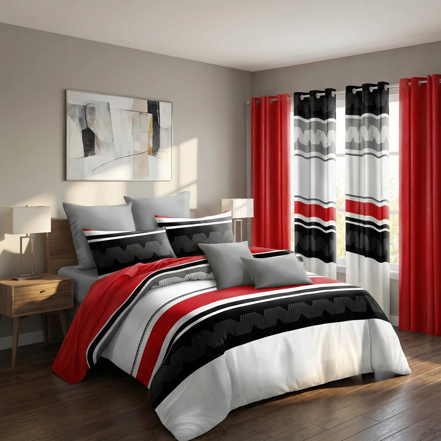 9-Piece Geometric Bedding and Curtain Set - Heavyweight Quilt & 6 Panels