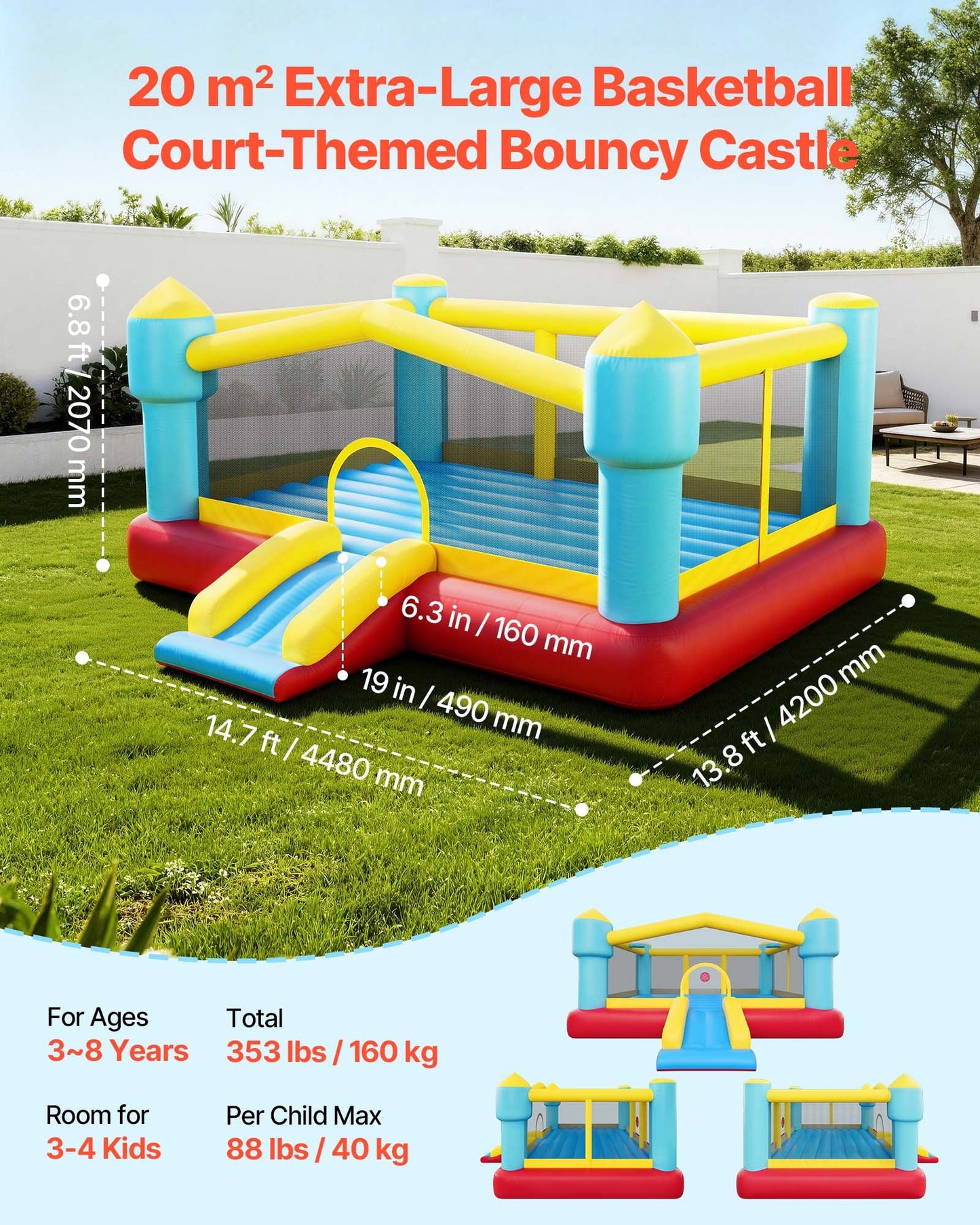 Inflatable Bouncy Castle for Kids with Slide & Basketball Hoop - 14.7x13.8ft