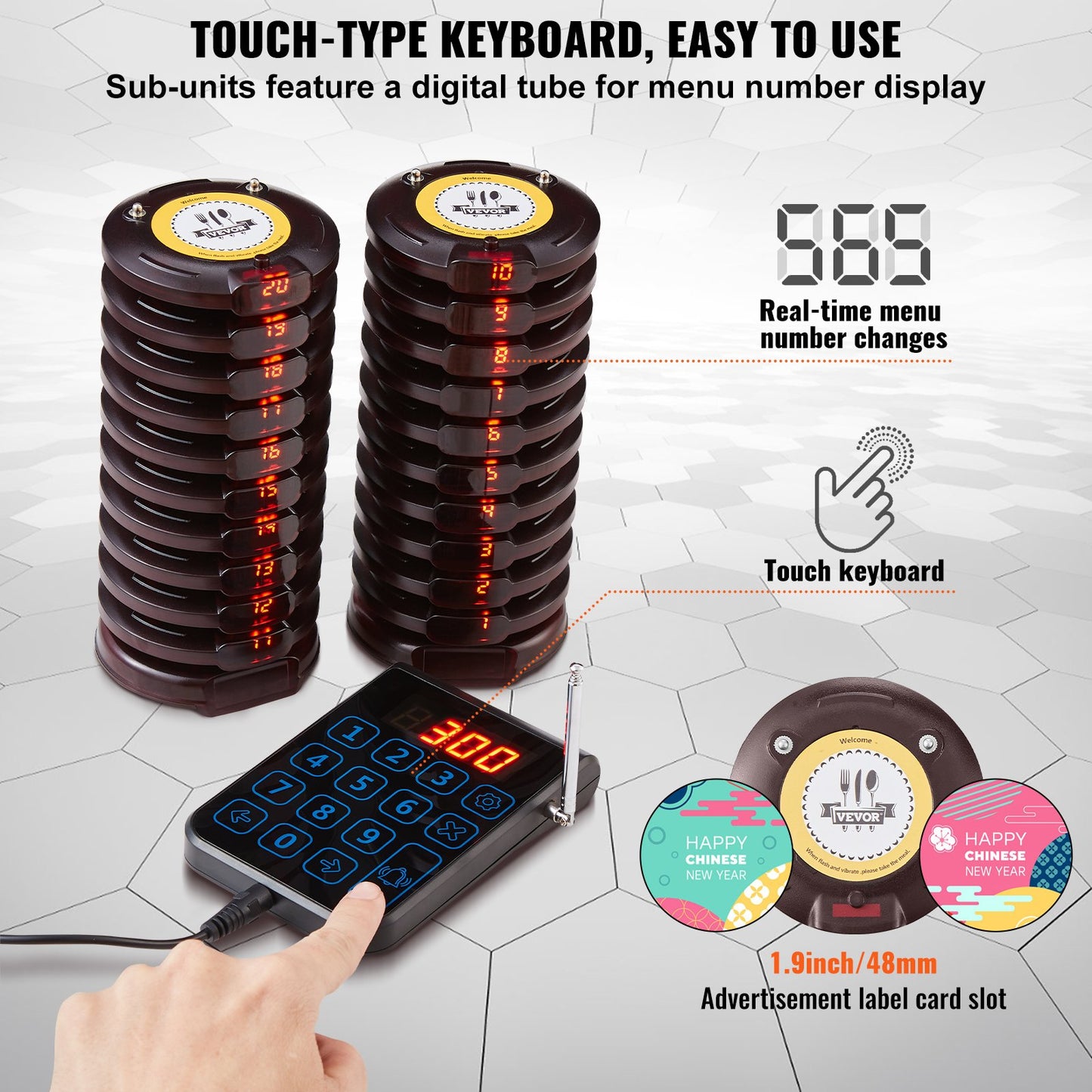 Wireless Restaurant Pager System with 20 Beepers - Black