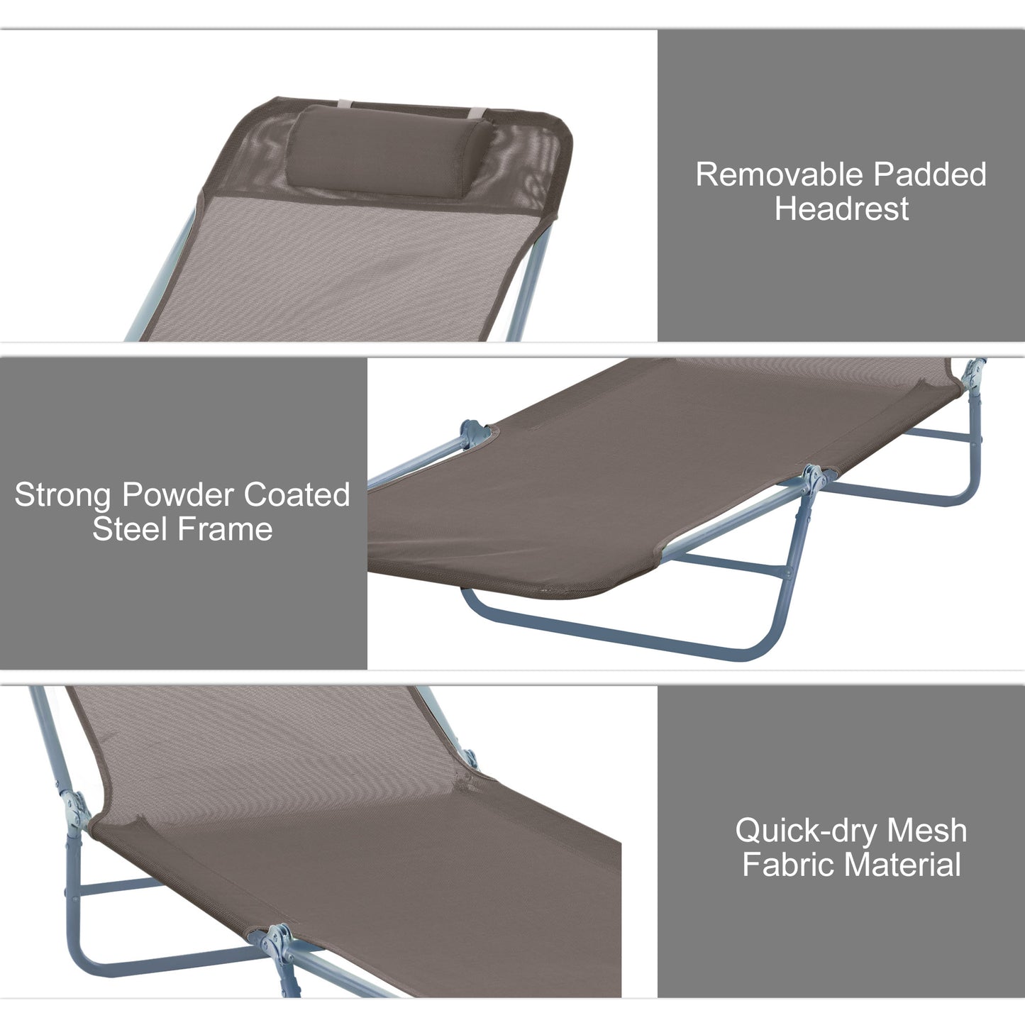 Folding Chaise Lounge Chair - 5-Position Reclining Outdoor Chair - Brown