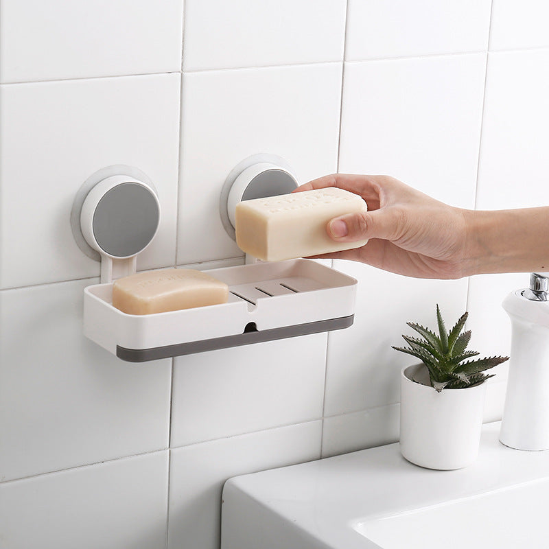 Large Double Compartment Suction Cup Soap Box - No Holes Bathroom Storage