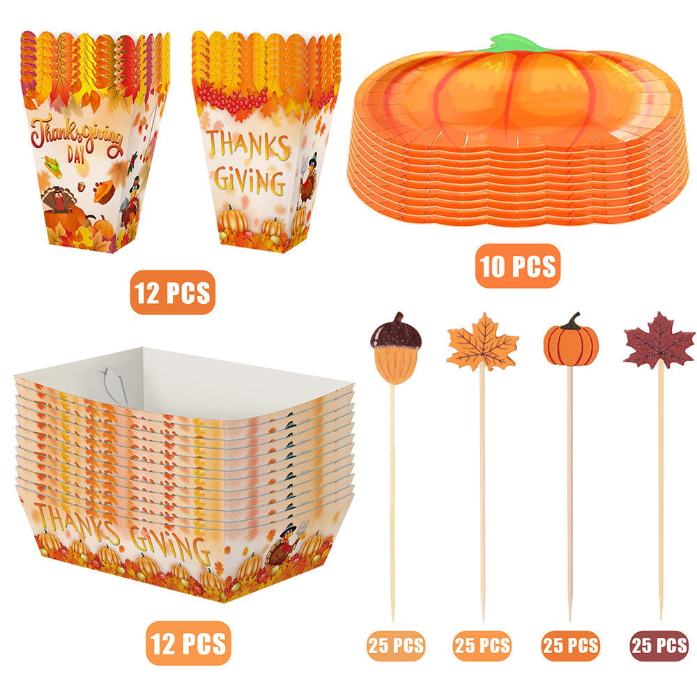 Thanksgiving Party Tableware Set - 134 Pcs Pumpkin Plates & Picks