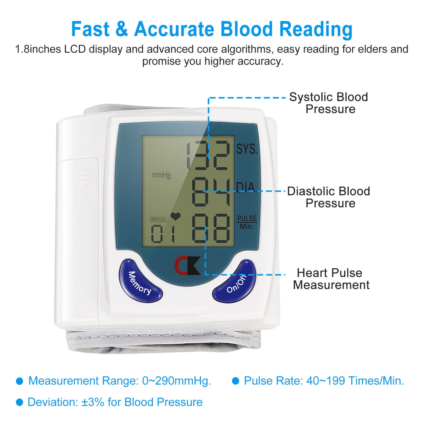 Digital Wrist Blood Pressure Monitor with Large LCD Screen and 60 Memory Slots - White