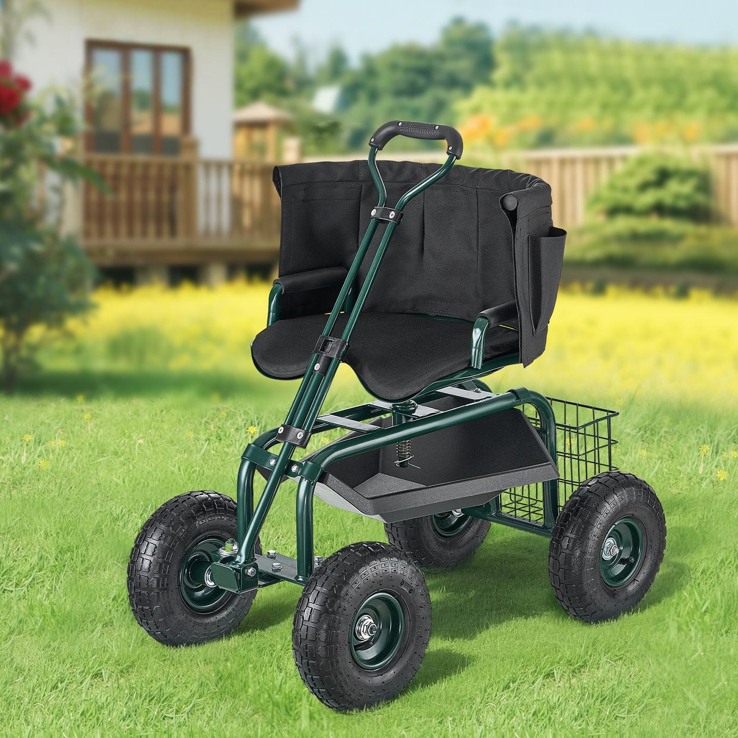Garden Cart with Swivel Seat & Extendable Handle - Heavy Duty, Green