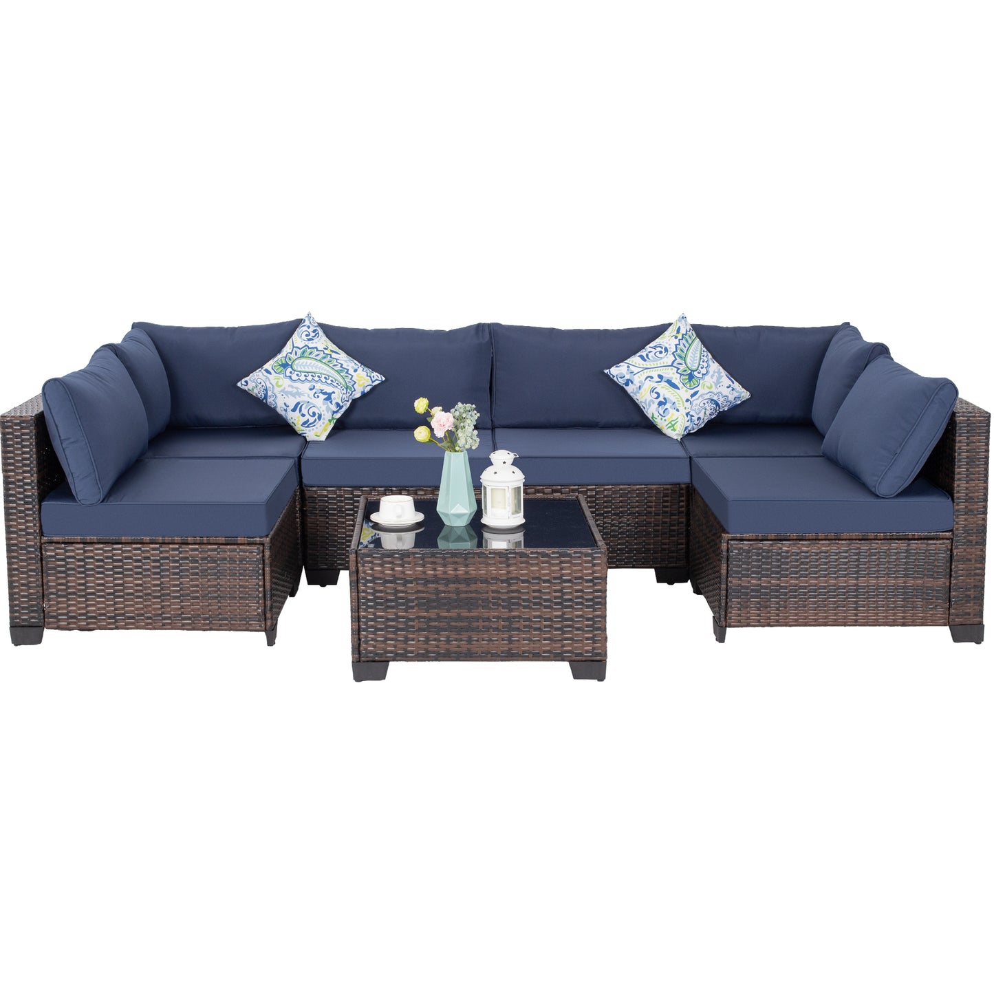7-Piece Outdoor Patio Furniture Set - All-Weather Wicker Sectional Sofa with Cushions & Glass Table - Brown