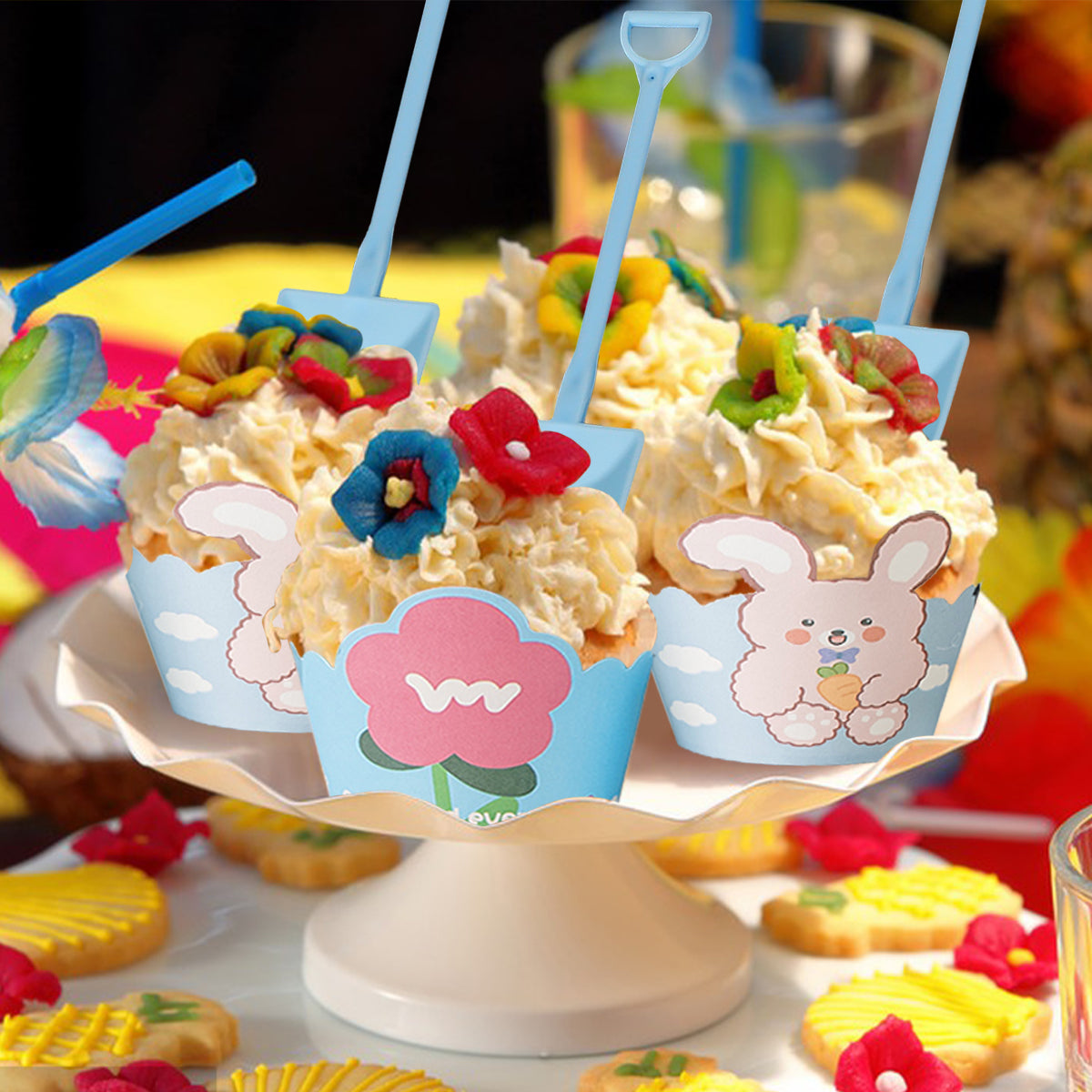 Cute Bunny Flower Cupcake Liners with Spoons - 100 Pcs Set