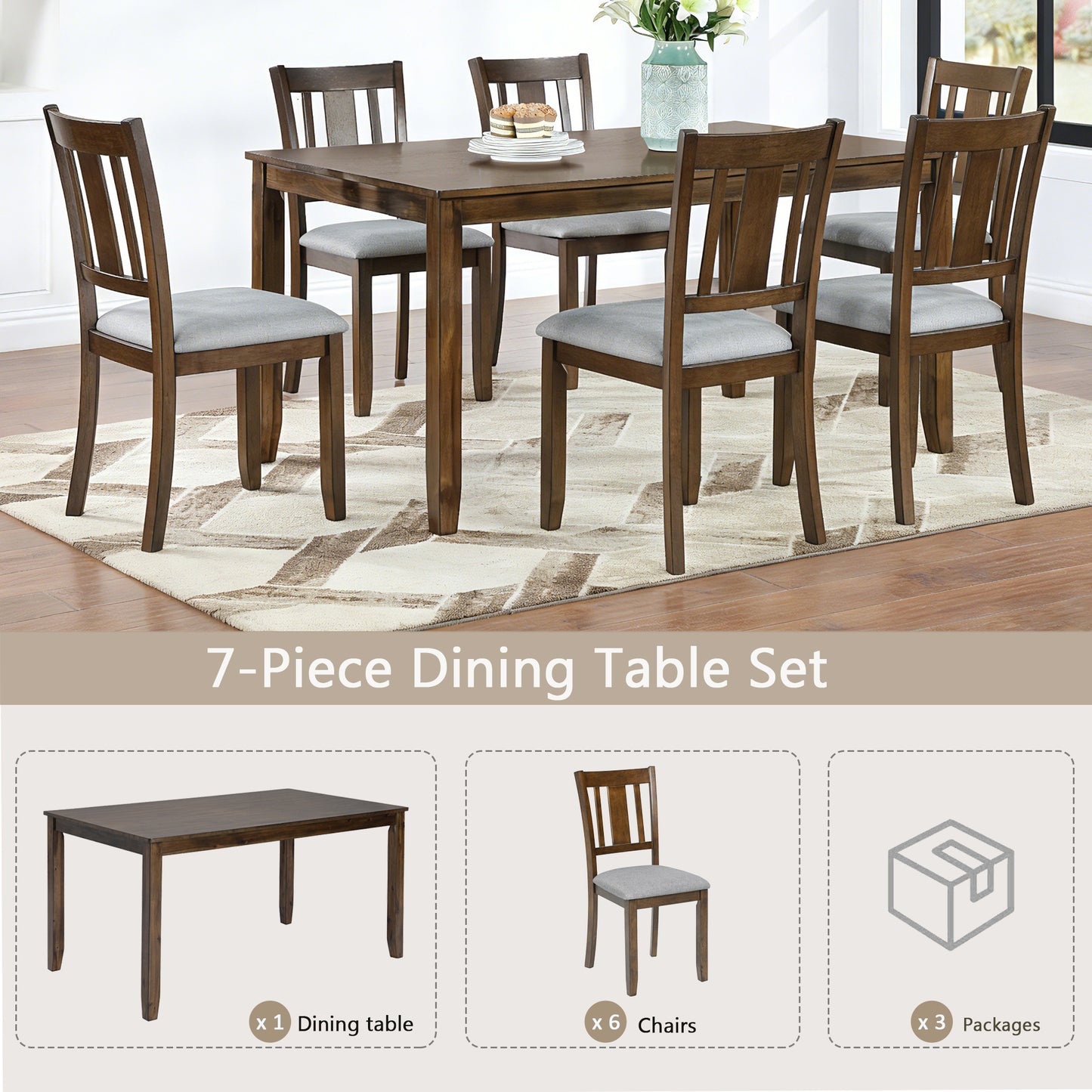 7-Piece Dining Table Set with 6 Upholstered Chairs - Walnut