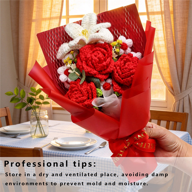 Crochet Flower Bouquet Red Roses & White Lilies Handmade Home Decor Gift