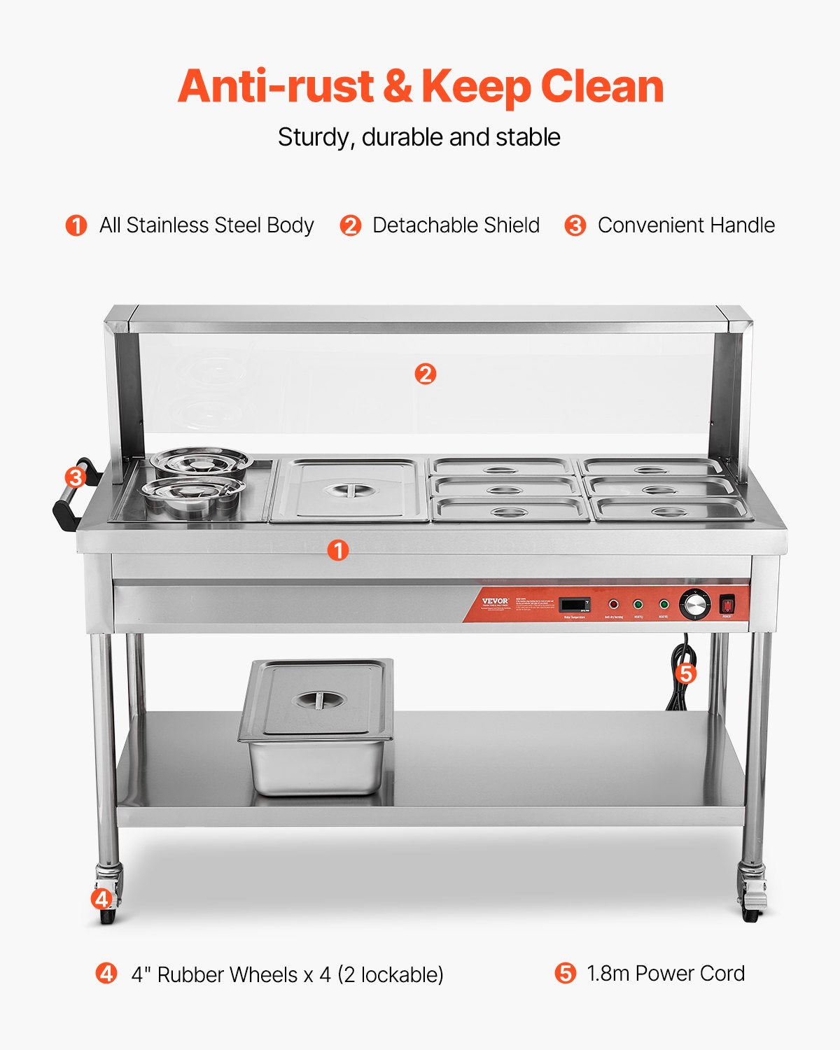 Commercial Food Warmer Steam Table with 7 Pans and 2 Pots - Silver