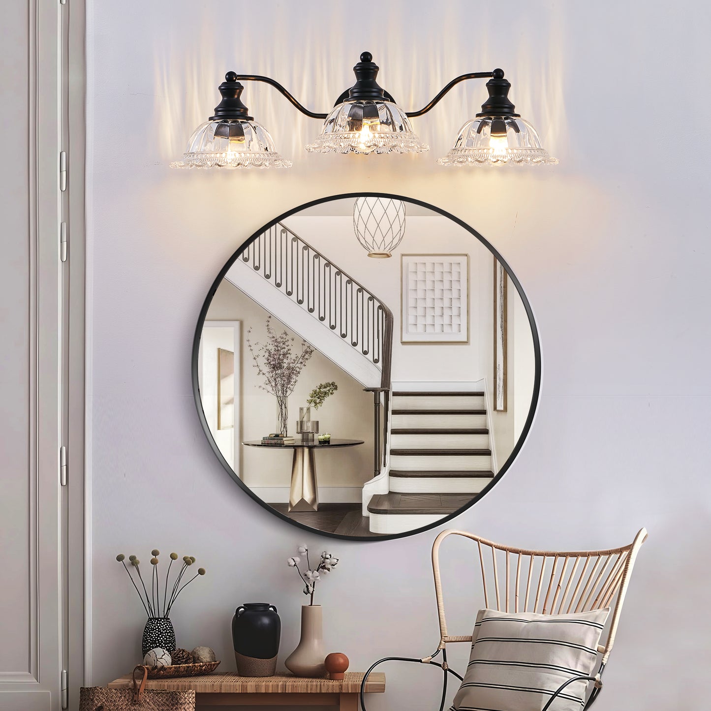 24 Inch 3-Light Vintage Bathroom Wall Sconce Black Metal Glass Vanity Light Fixture