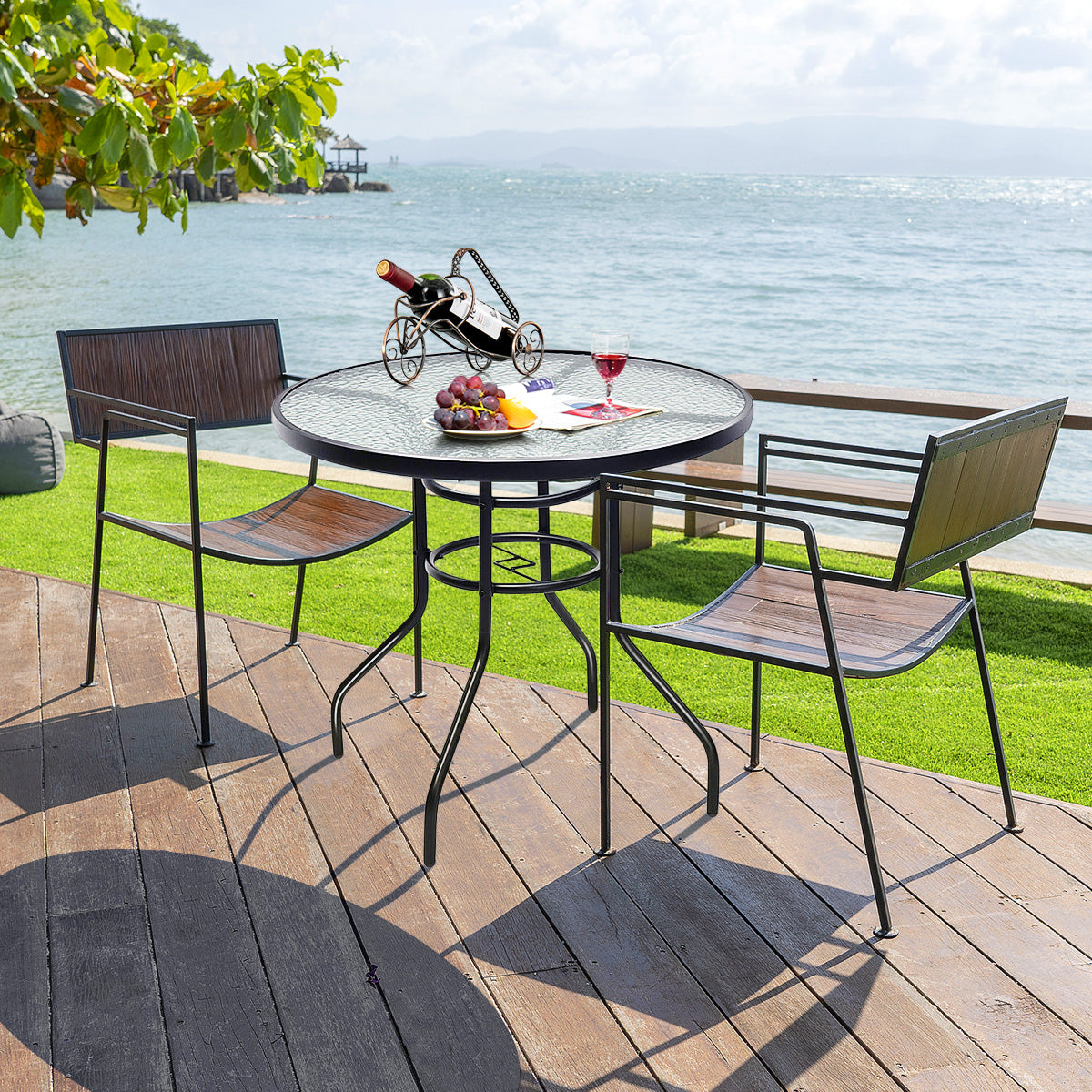 32-Inch Round Outdoor Glass Table with Umbrella Hole