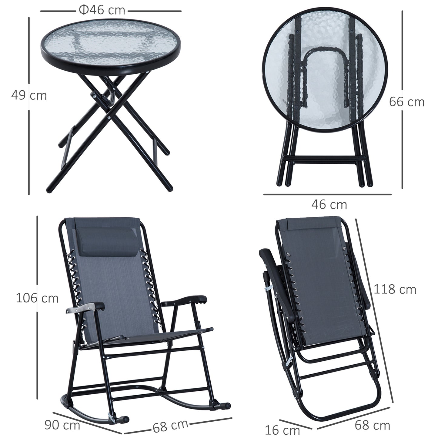 Outdoor Folding Rocking Chair Set with Side Table - Gray