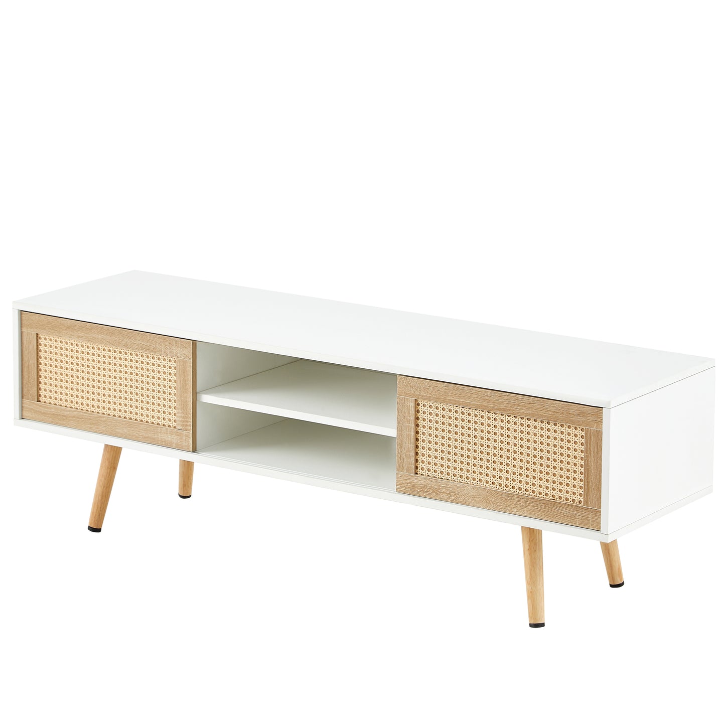 55.12" Rattan TV Cabinet with Sliding Doors & Adjustable Shelf - White