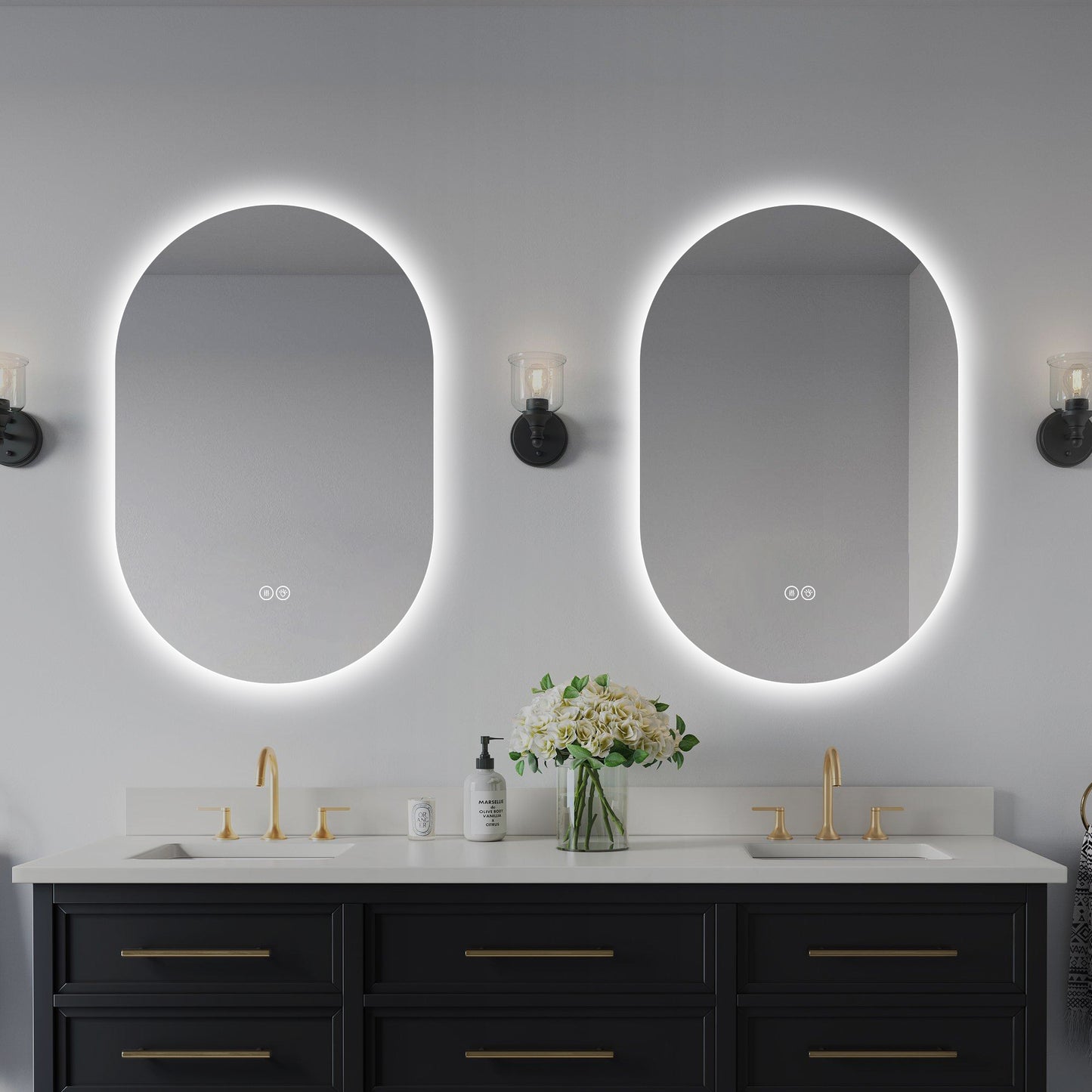 24x36 Capsule LED Backlit Bathroom Mirror - Antique Silver