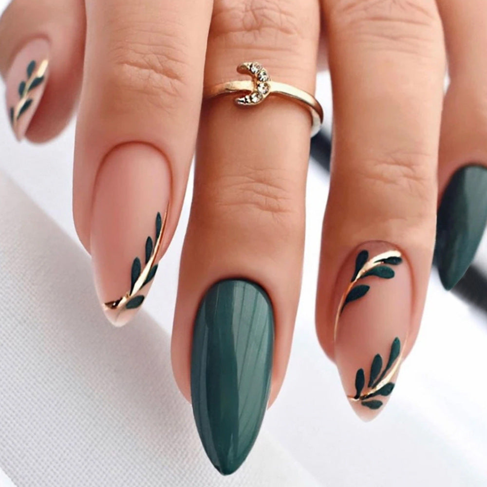 Green Leaf Nail Art Patches - Removable Fake Nail Stickers for Ladies