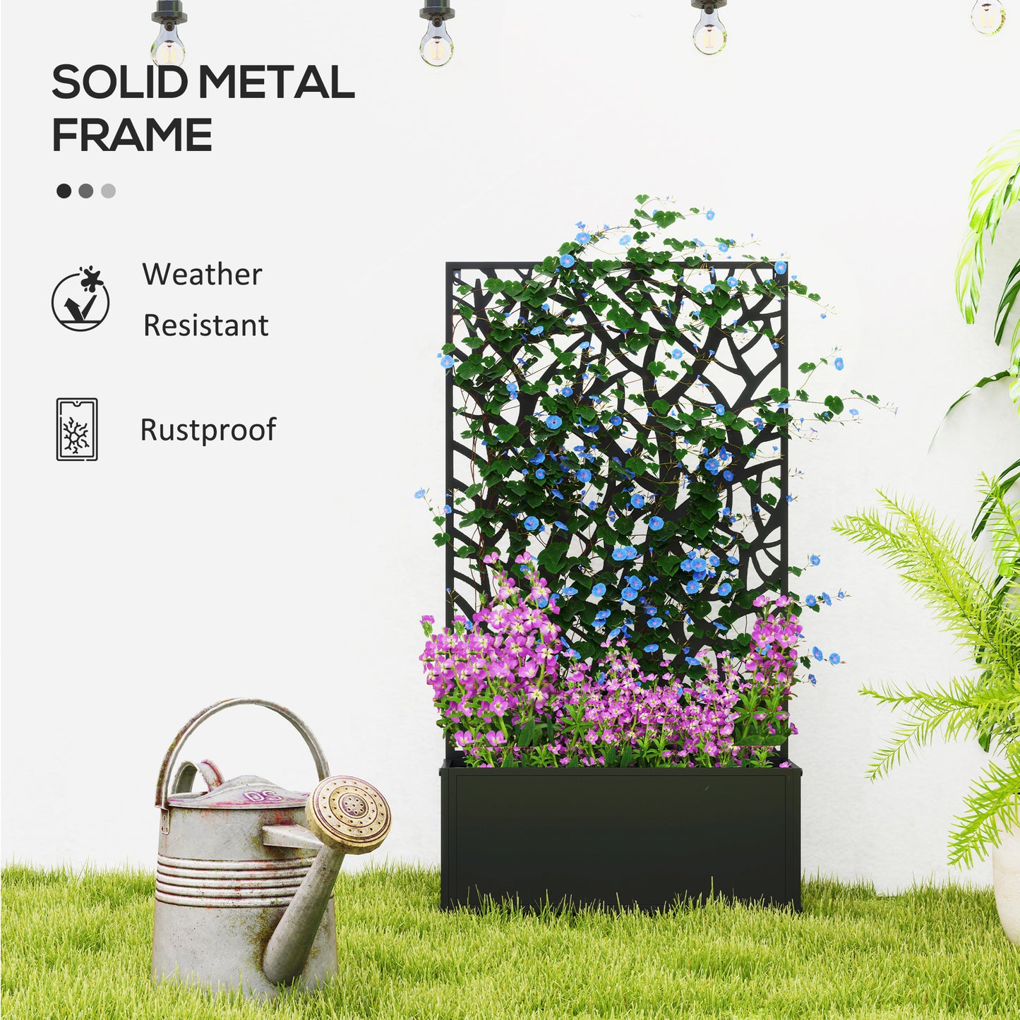 Metal Garden Bed with Trellis for Climbing Plants - Black, 960x680x65mm