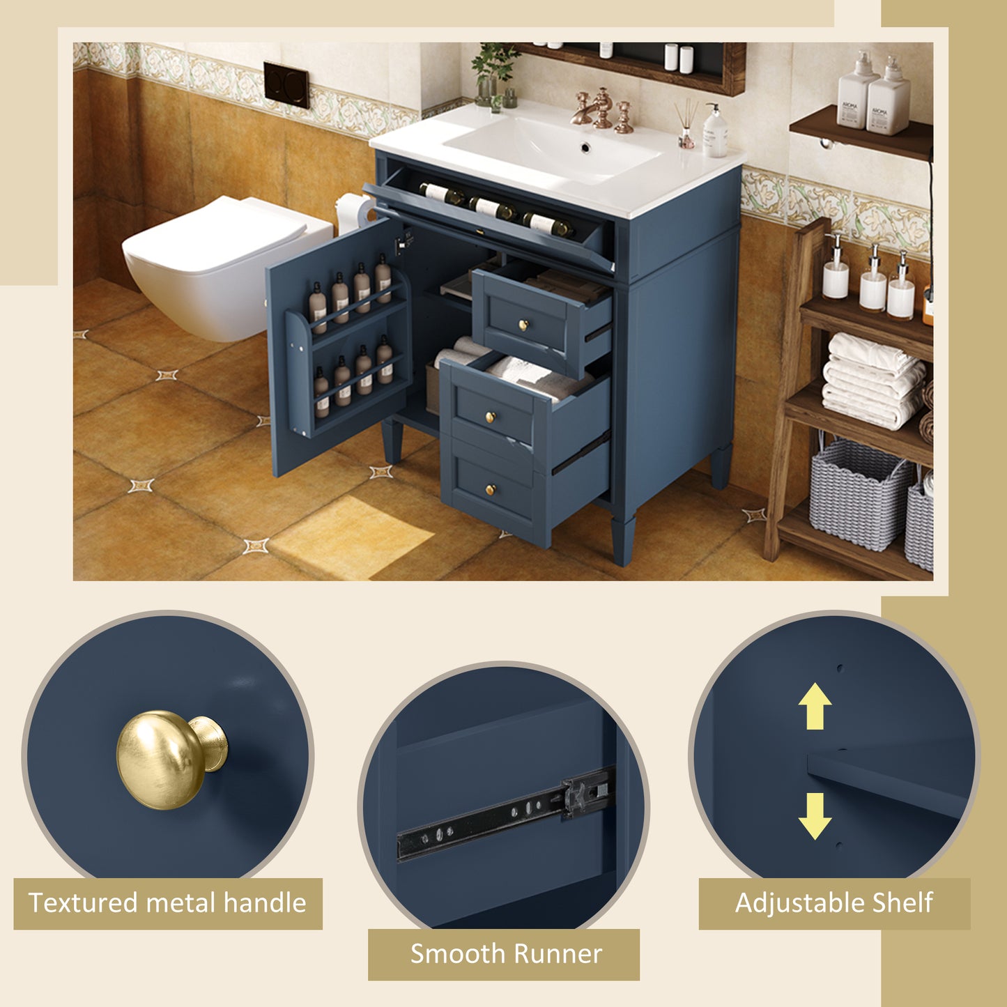 30'' Blue Modern Bathroom Vanity with Sink & Storage Cabinet
