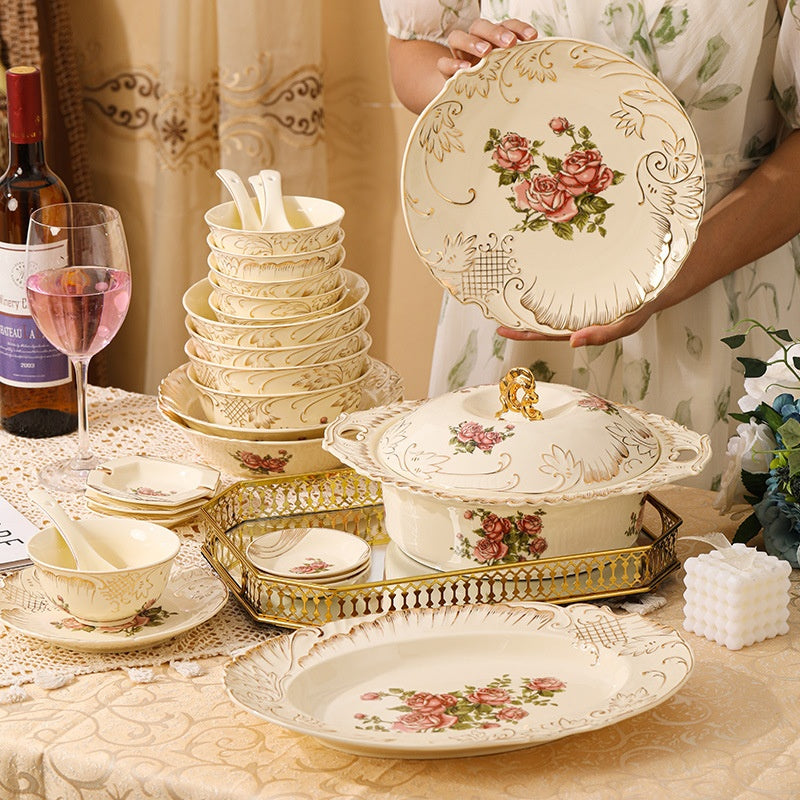 European-Style Ceramic Rice & Soup Bowls Set of 2 - Flower Pattern, Retro Kitchen Tableware