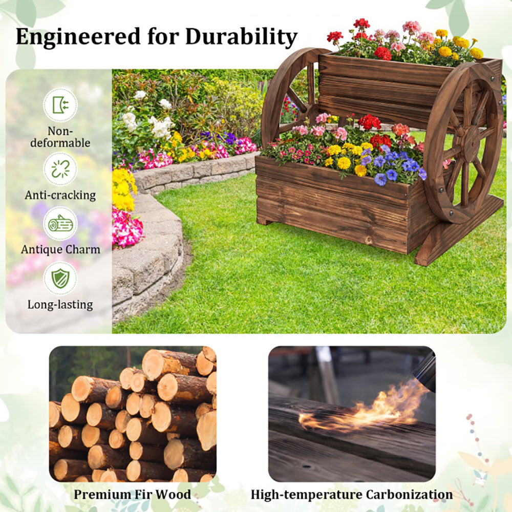 2-Tier Rustic Wood Garden Bed with Drainage & Wheels - Coffee