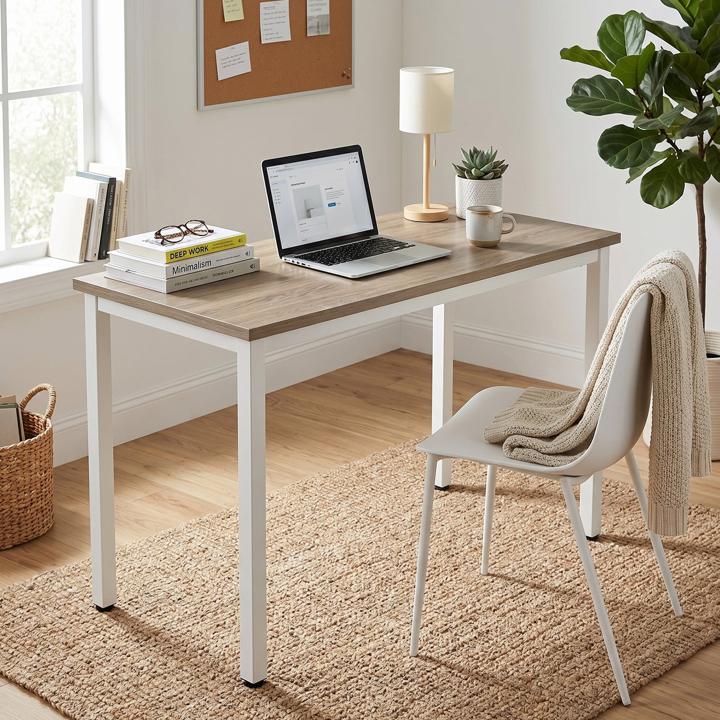 47 Inch Modern Computer Desk - Sturdy Oak and White Workstation