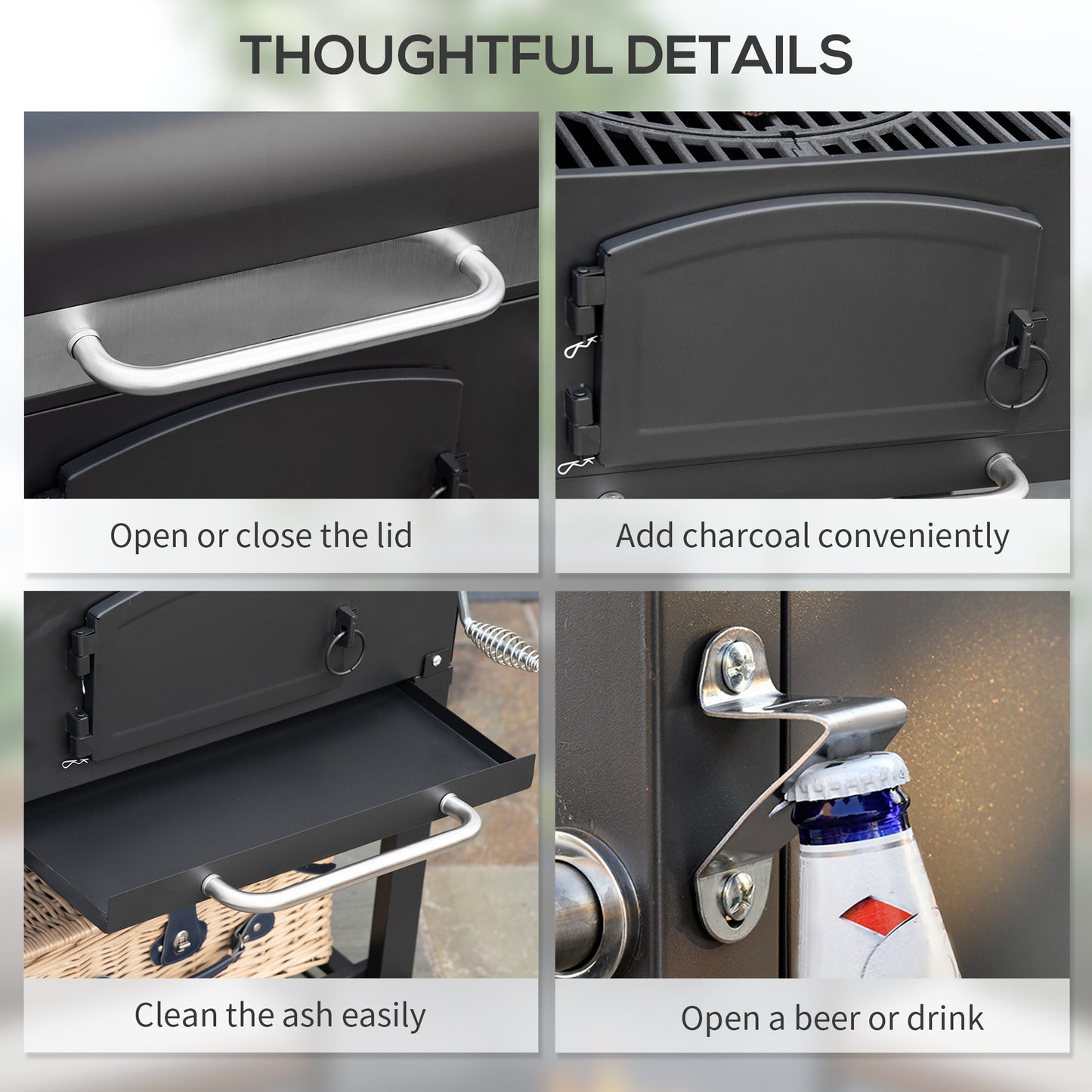 Charcoal BBQ Grill with Adjustable Height and Folding Shelves