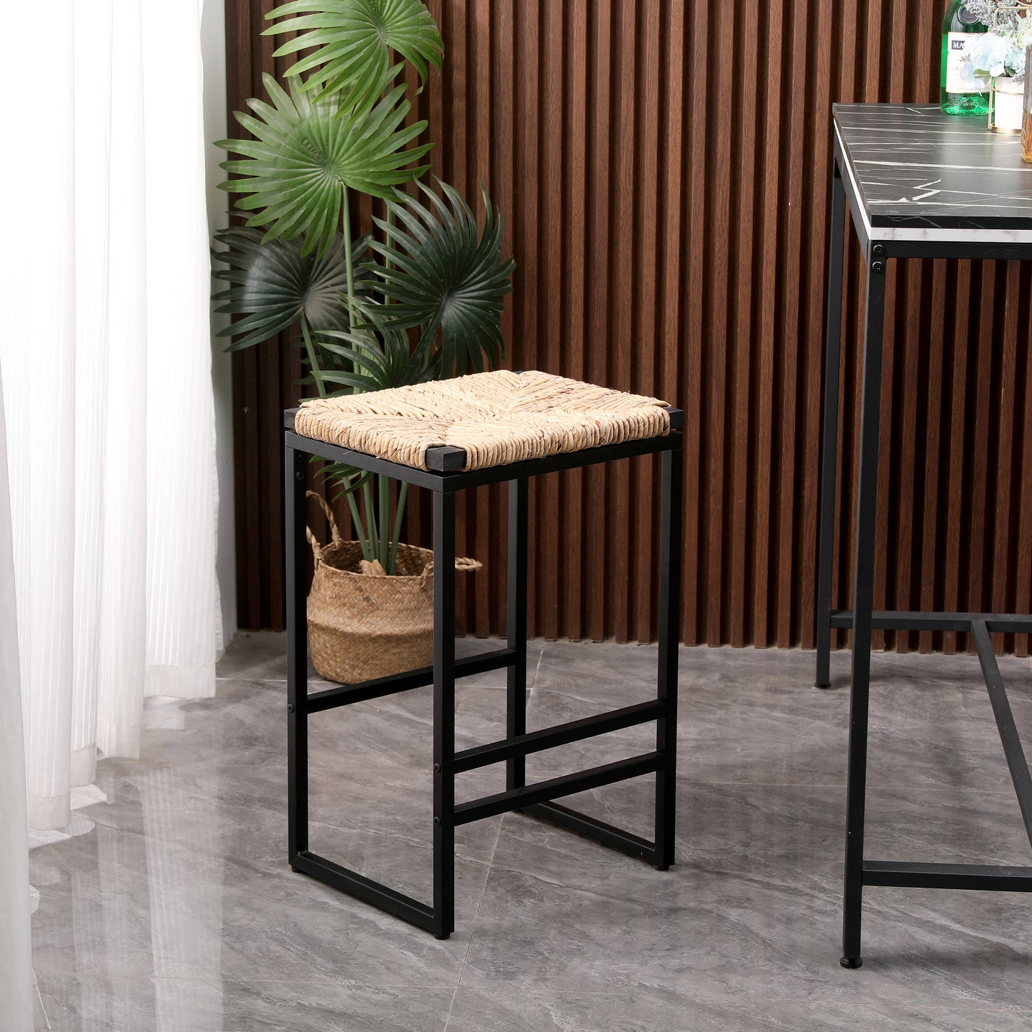 Set of 2 Natural Water Hyacinth Backless Bar Stools with Footrest