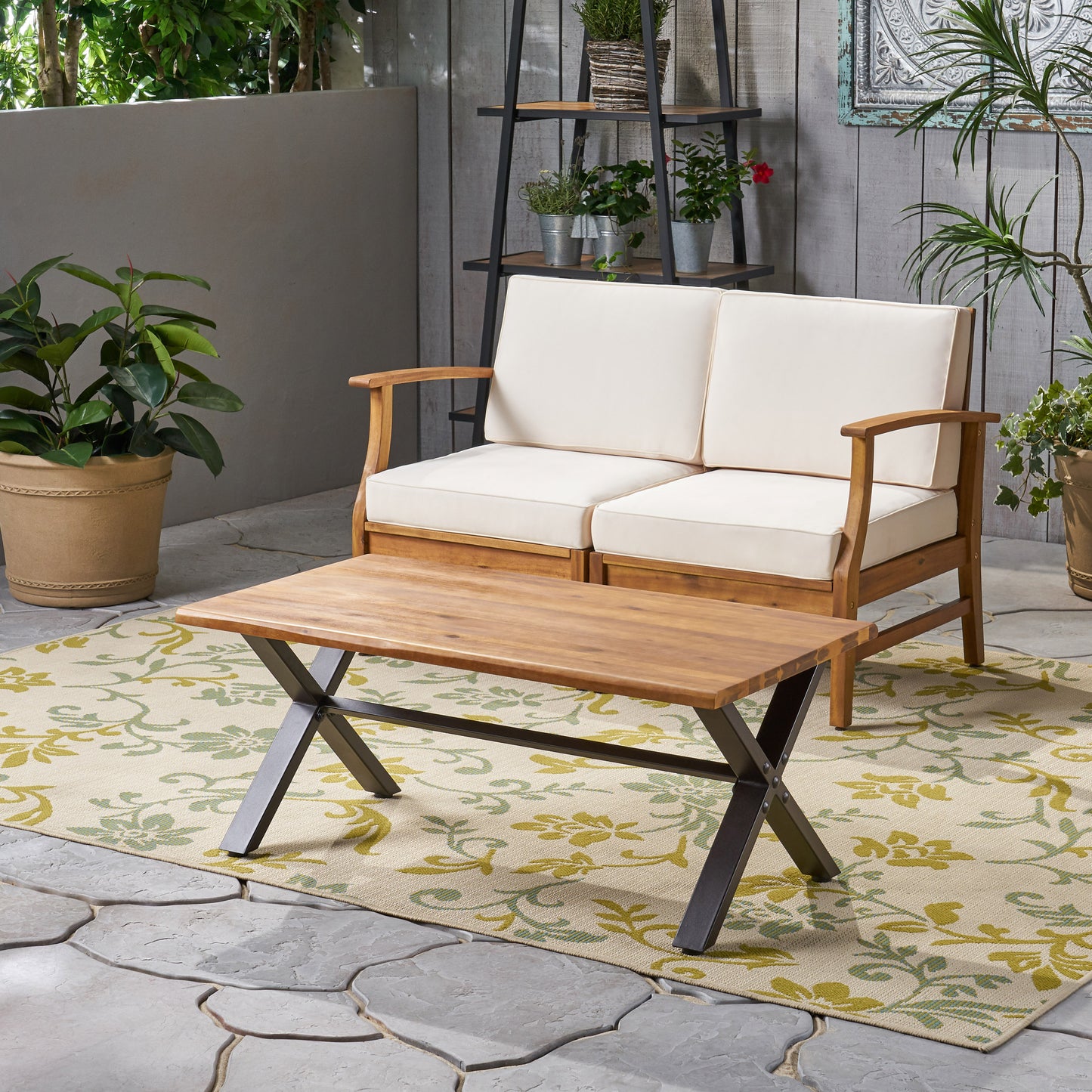 Outdoor Acacia Wood Coffee Table, Teak Finish Rustic Metal,Black And