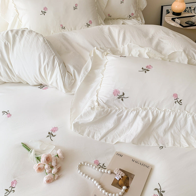 Embroidery Bedding Set with Washed Cotton and Brushed Hair - Four Piece Bed Linen