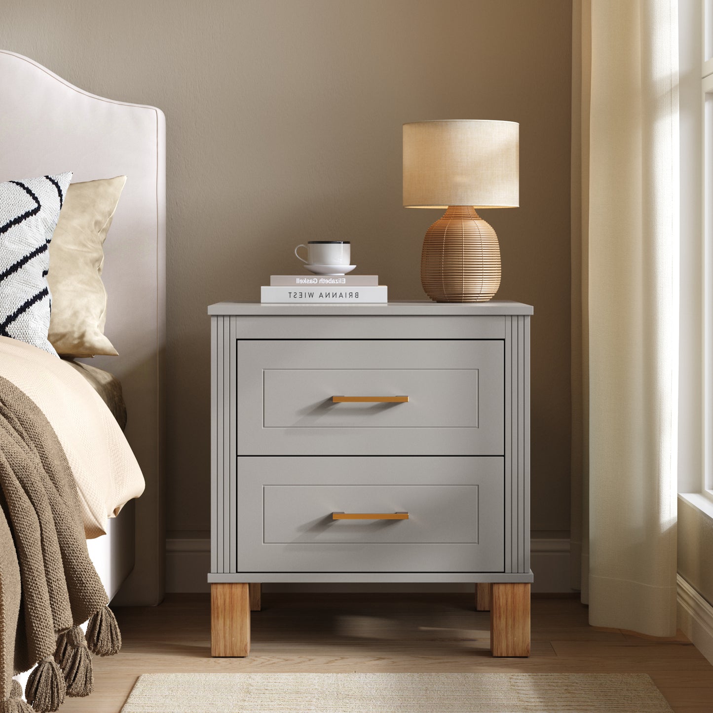 2 Drawer Nightstand with Elegant Fluted Design - Gray
