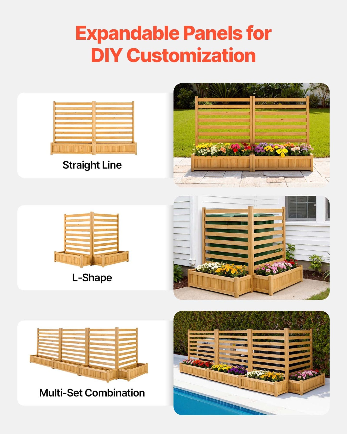 Wooden Privacy Fence Panel with Planters for Garden and Pool - 36x45 Inch Black