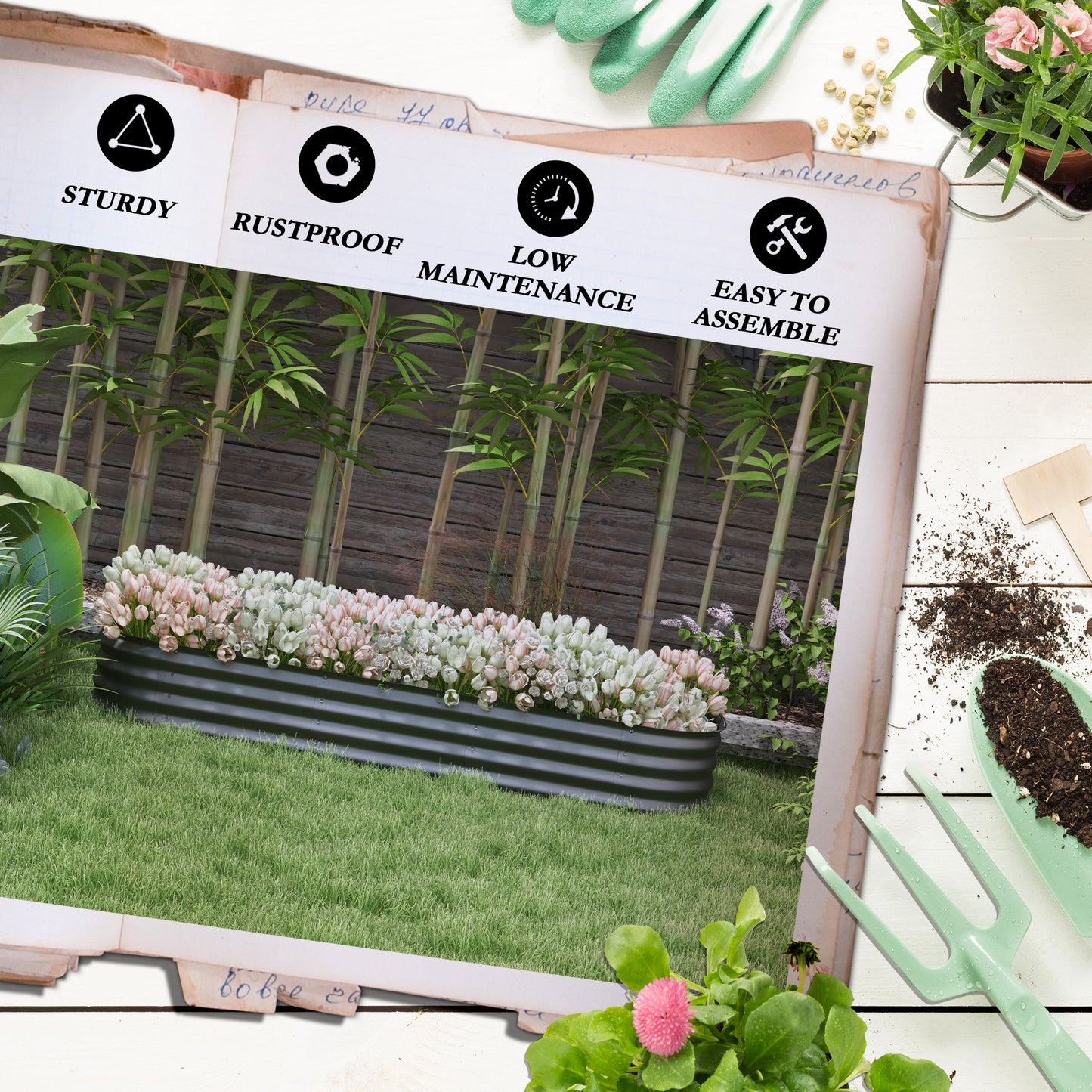 Galvanized Raised Garden Bed Kit - Metal Planter Box with Safety Edging, Dark Gray, 76.75 x 24.5 inches