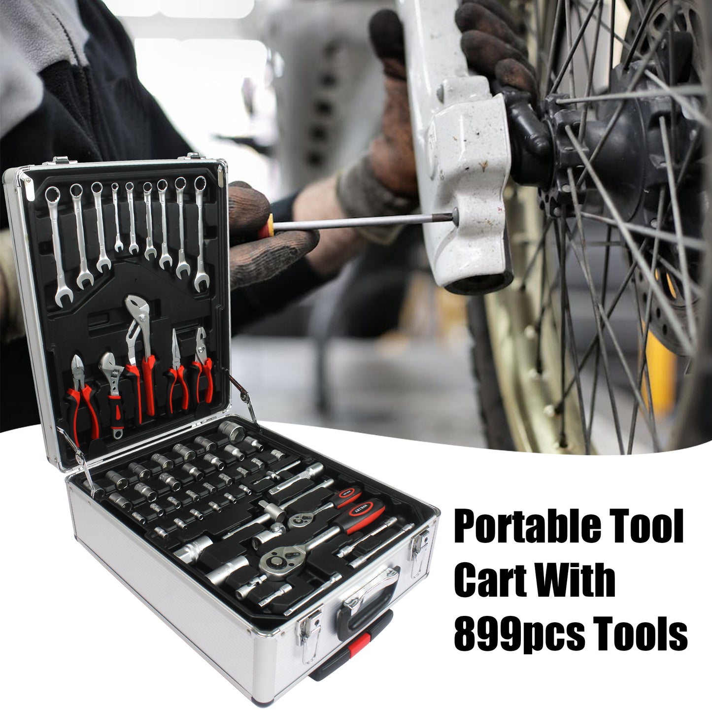Portable Hand Tool Box with 4 Layer Toolset and Wheels - Black or White