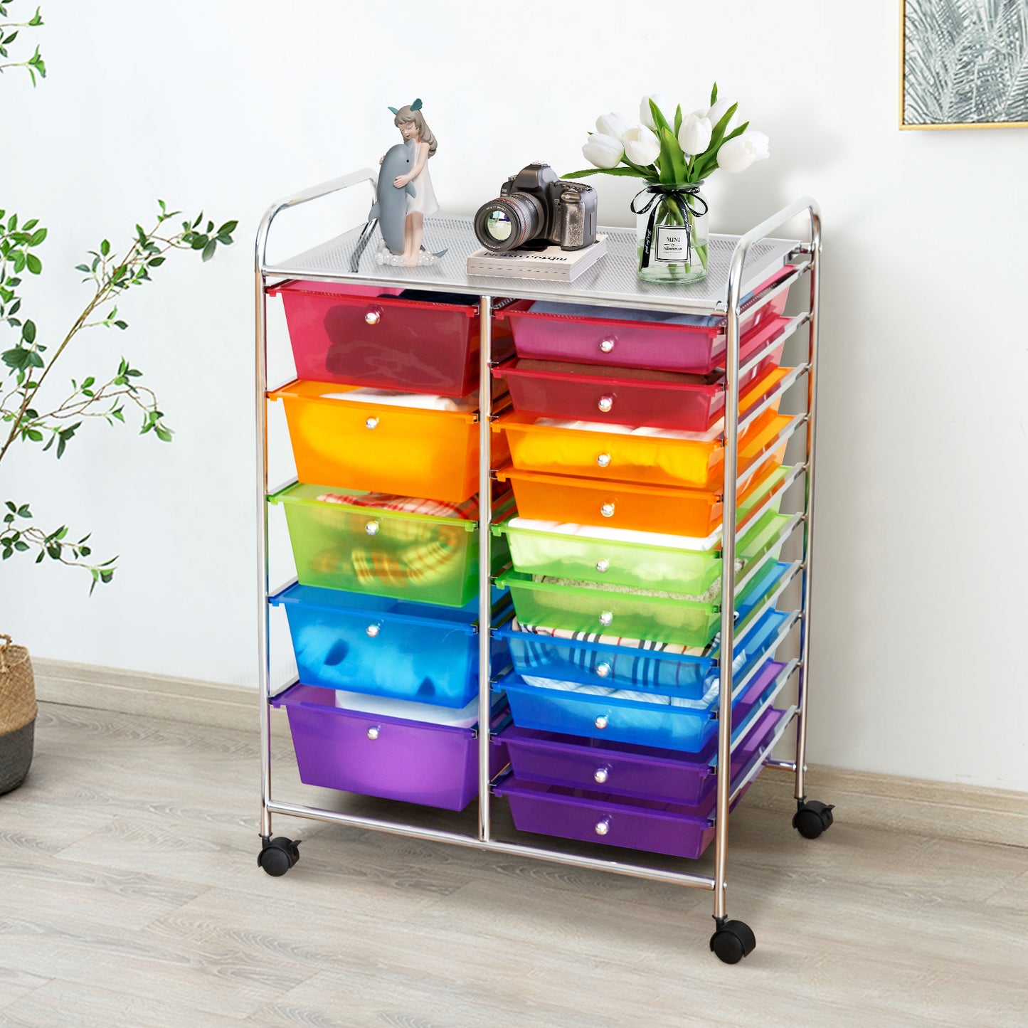 15-Drawer Rolling Storage Cart Organizer with Metal Frame