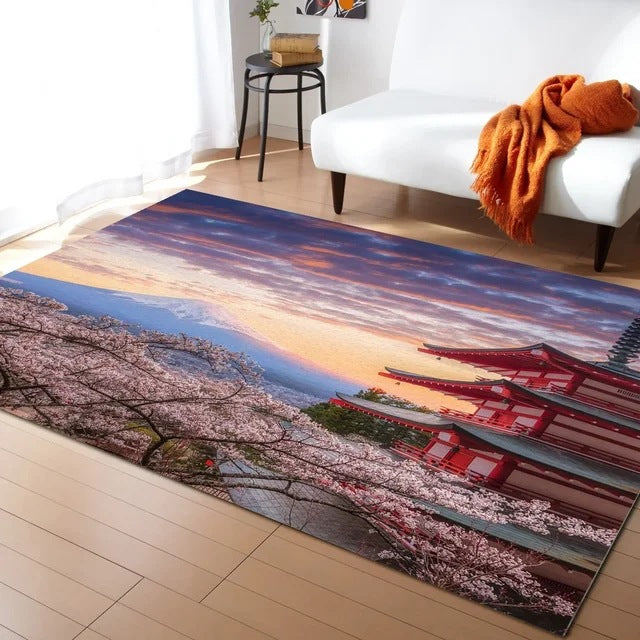 Pastel Cherry Blossom and Crescent Moon Non-Slip Flannel Floor Mat - Home Rug