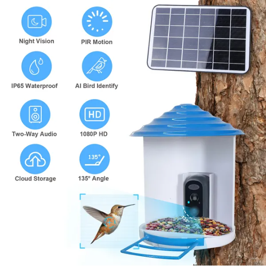 Solar Powered Bird Feeder Camera 1080P HD WiFi App Control Waterproof White