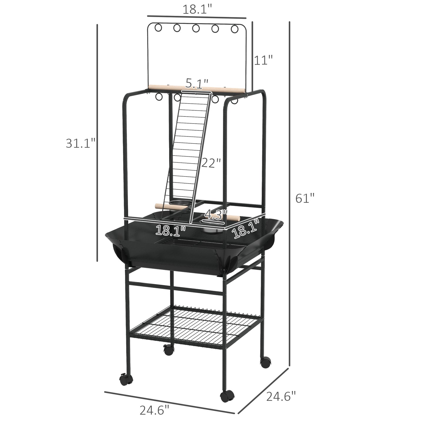 Indoor Outdoor Bird Stand with Wheels, Stainless Steel Feed Bowls & Perches - Gray