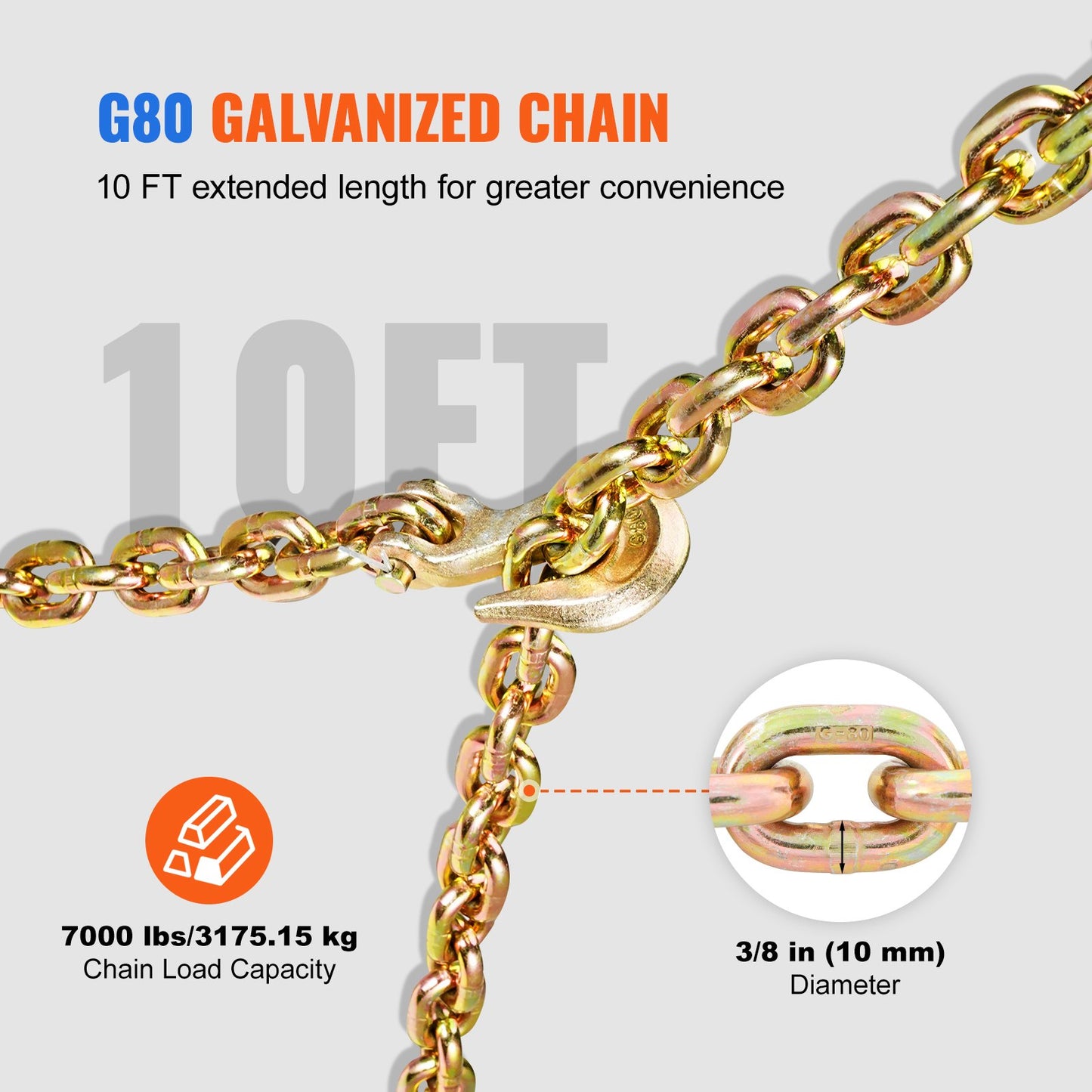 Heavy Duty Chain and Ratchet Load Binder Kit - 3/8-inch x 10 ft Chain, Yellow