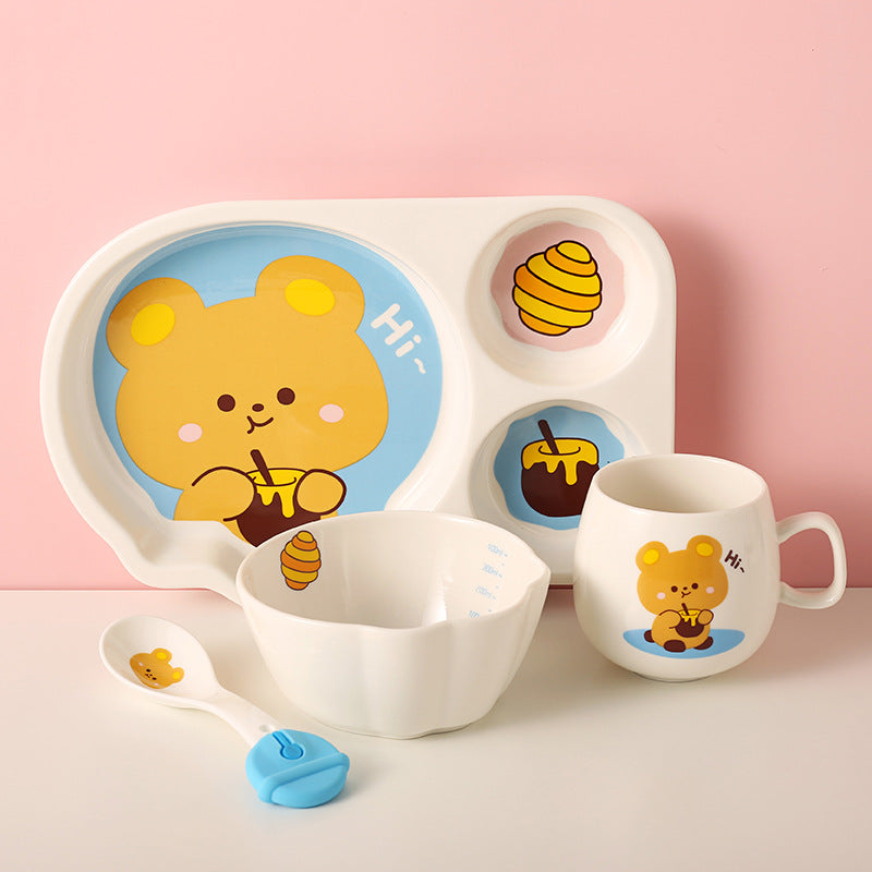 Children's Dinnerware Set with Cartoon Rabbit Design - Plates, Bowls, Cups & Utensils, Multiple Pieces
