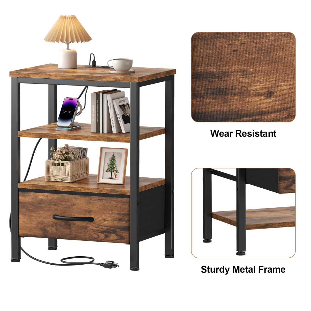 Bedside Table with USB-C Port and Adjustable Drawers - Brown
