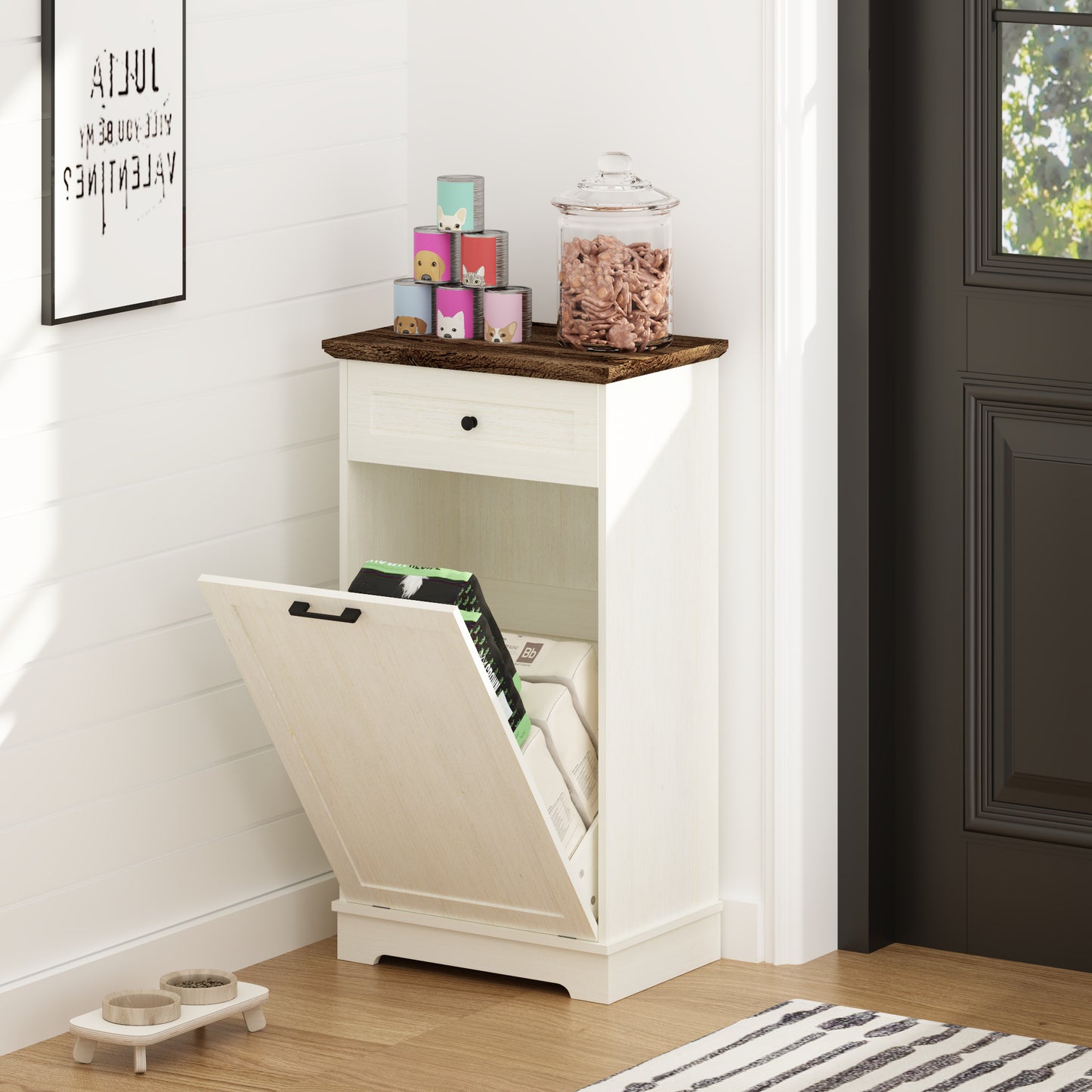 Tilt-Out Trash Cabinet - Freestanding Wood Recycling Bin with Drawer, Antique Brown & White