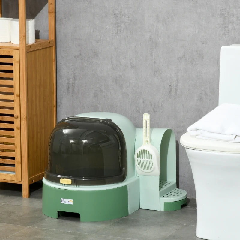 Green Cat Litter Box with Scoop | Easy to Clean, Enclosed & Futuristic Design