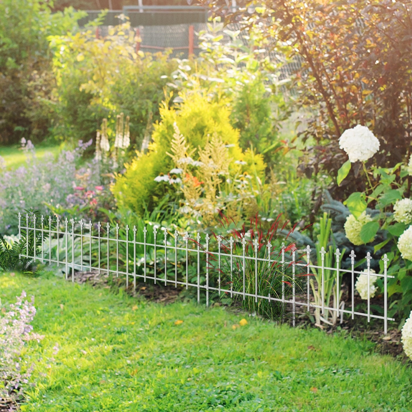 Decorative Steel Garden Fence Panels - 5 Pack, White, 110.25" L