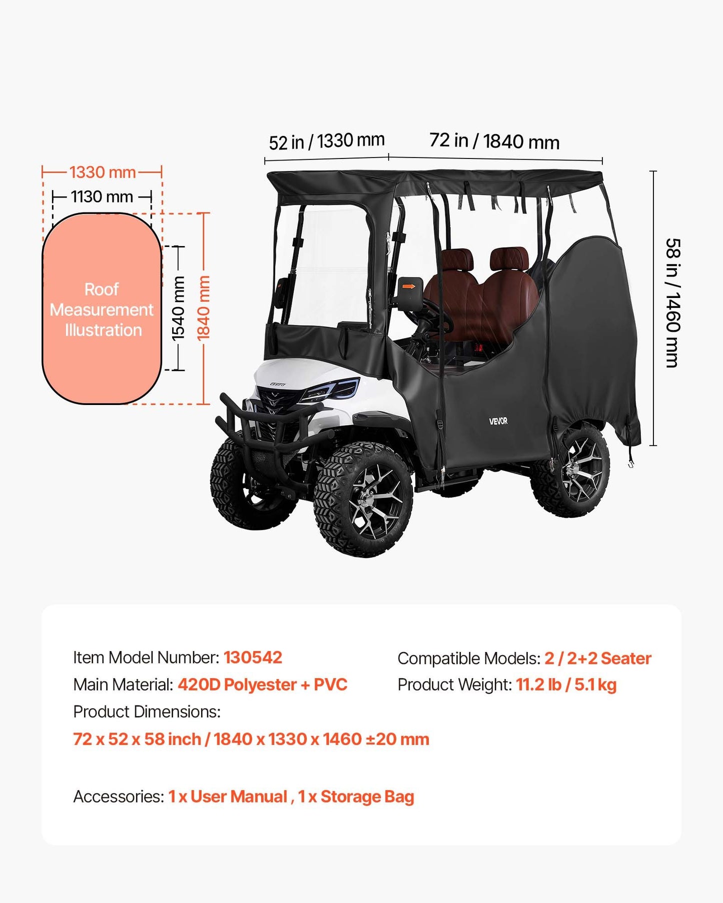Waterproof Golf Cart Cover for 2-4 Passengers - Full Enclosure, PVC Coating, Windproof Hooks, Fits Most Brands