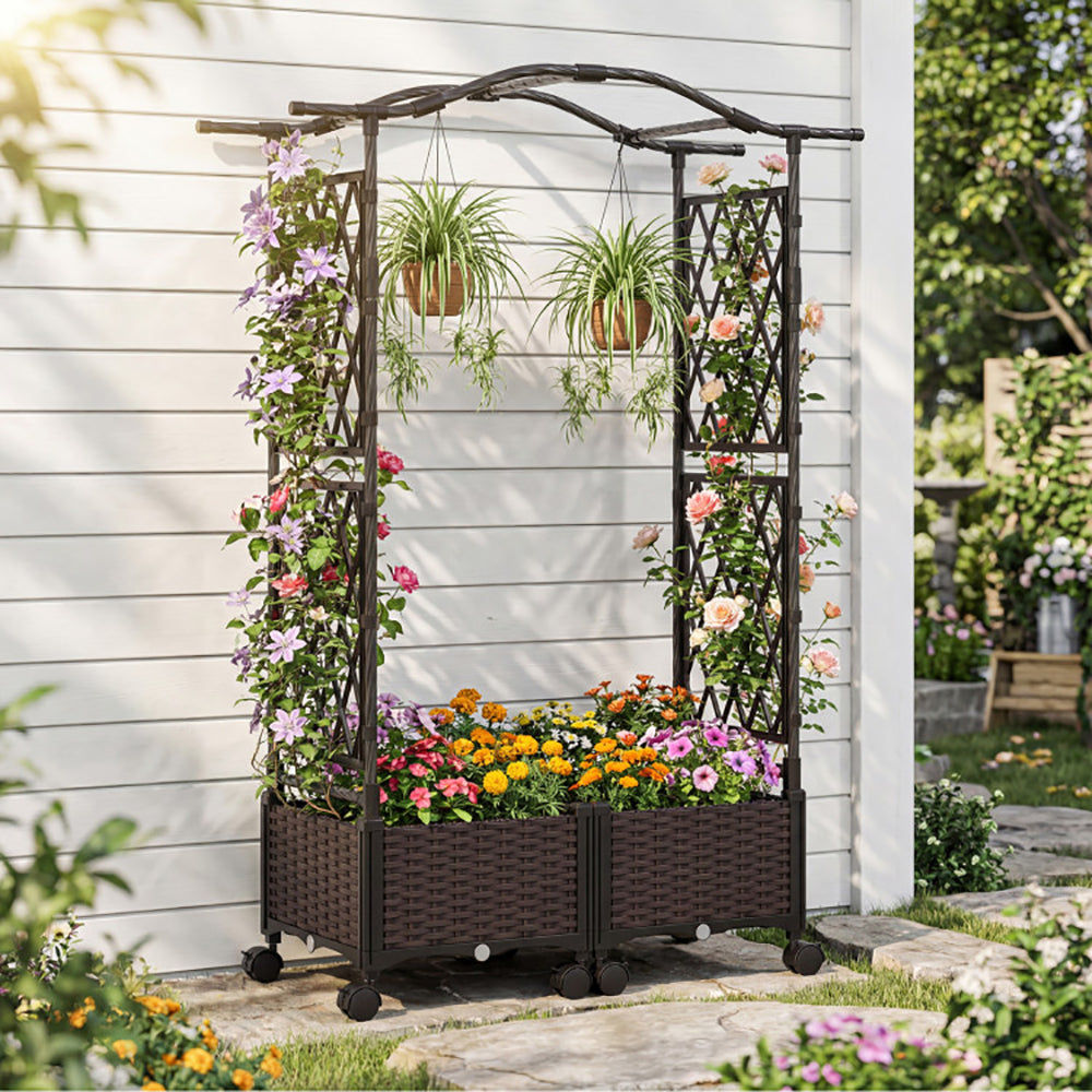 5 FT Self-Watering Planter Box with Trellis & Roof - Brown