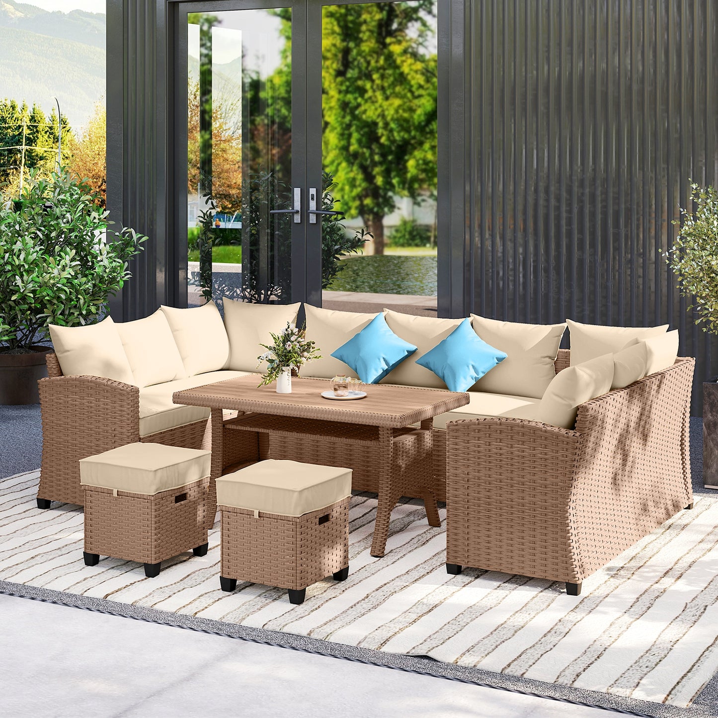 6-Piece Outdoor Furniture Set with Sectional Sofa and Dining Table - Khaki